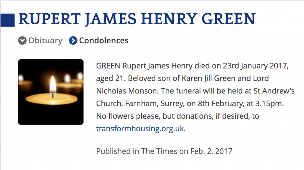 Obituary for Rupert Green, the son of Lord Monson. (The Times)