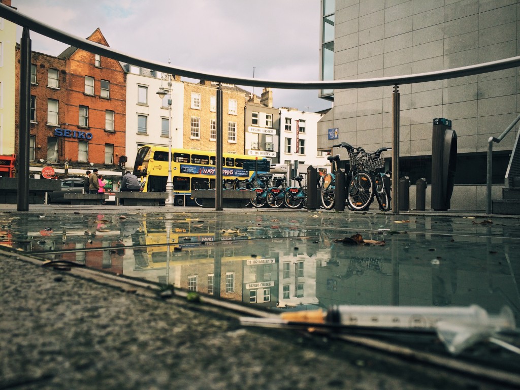Discarded needle and syringe in Dublin, Ireland.
