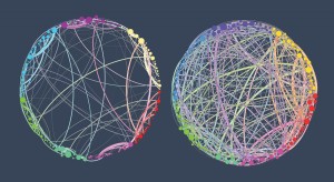 The Brain on Psilocybin: A visualisation of connectivity between functional areas in the brain during the resting state under placebo, left, and psilocybin, right. (Source: Adapted from Petri et al. 2014)