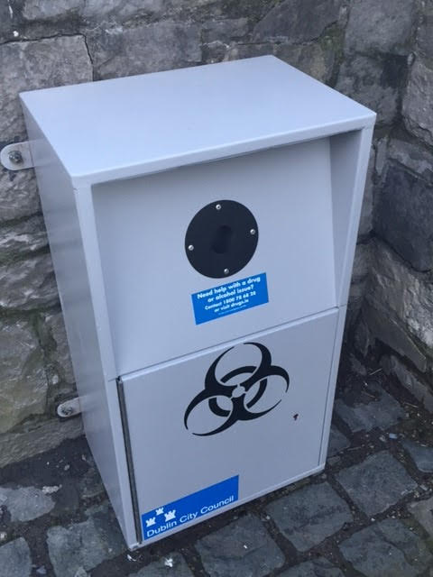 A bin for safe deposit of used needles, recently installed in Dublin, Ireland. (Source: Ana Liffey Foundation)
