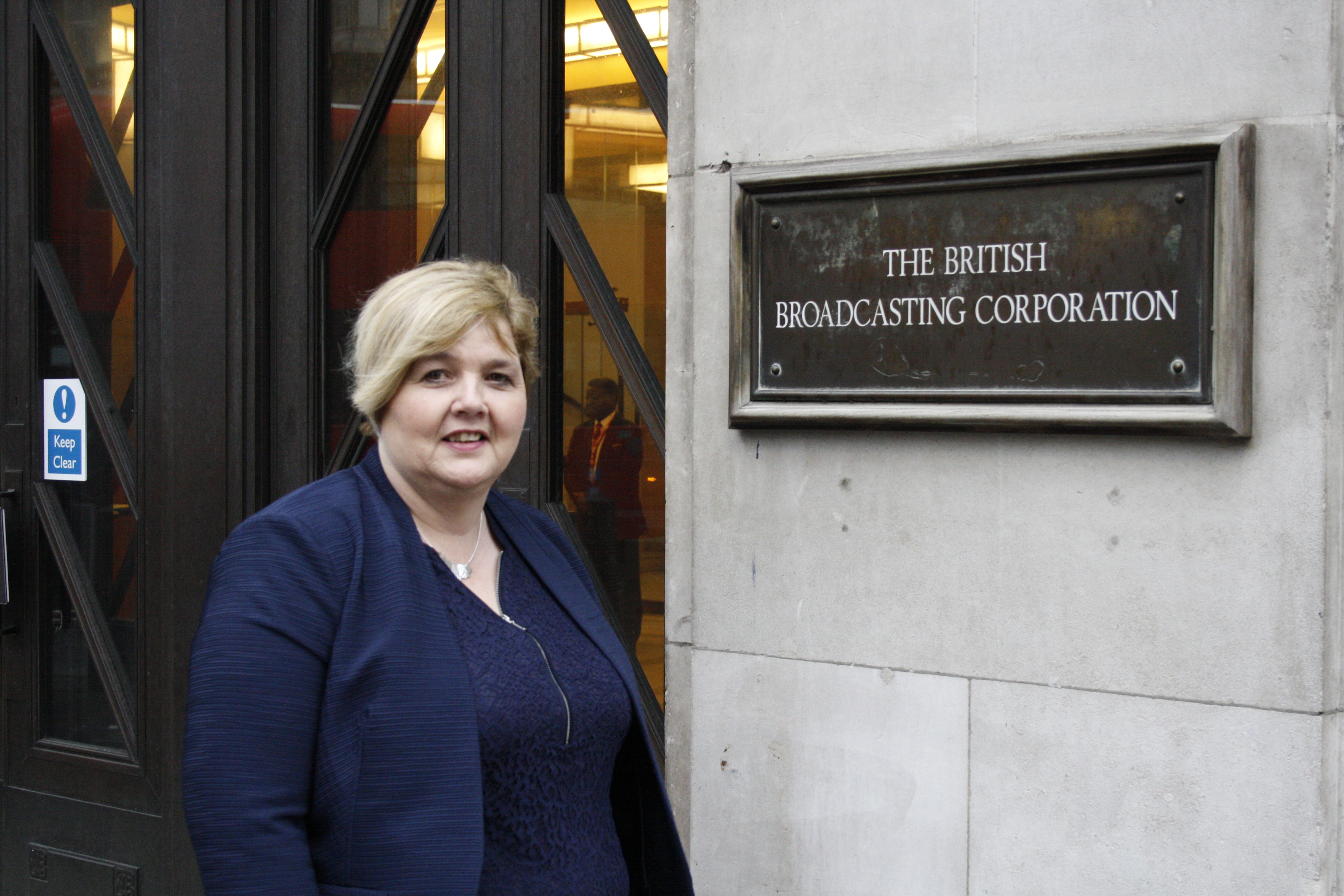 Margaret McQuade outside the BBC (Source: AddAction)