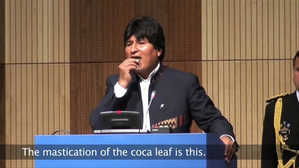 Evo Morales chewing on a coca leaf. (Source: Youtube)