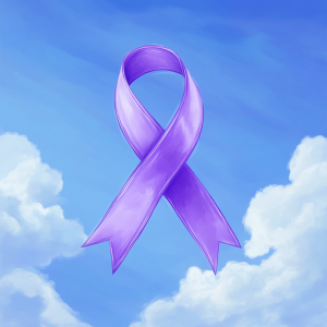 A detailed illustration of a purple awareness ribbon floating against a bright, clear blue sky with soft, fluffy clouds. The ribbon should be the focal point, symbolizing hope and awareness, with vibrant colors and smooth gradients. The overall style should be clean and minimalistic, with the ribbon appearing slightly three-dimensional, casting a soft shadow, and gently swaying in the breeze. No additional elements or text, just the ribbon and the serene sky backdrop.